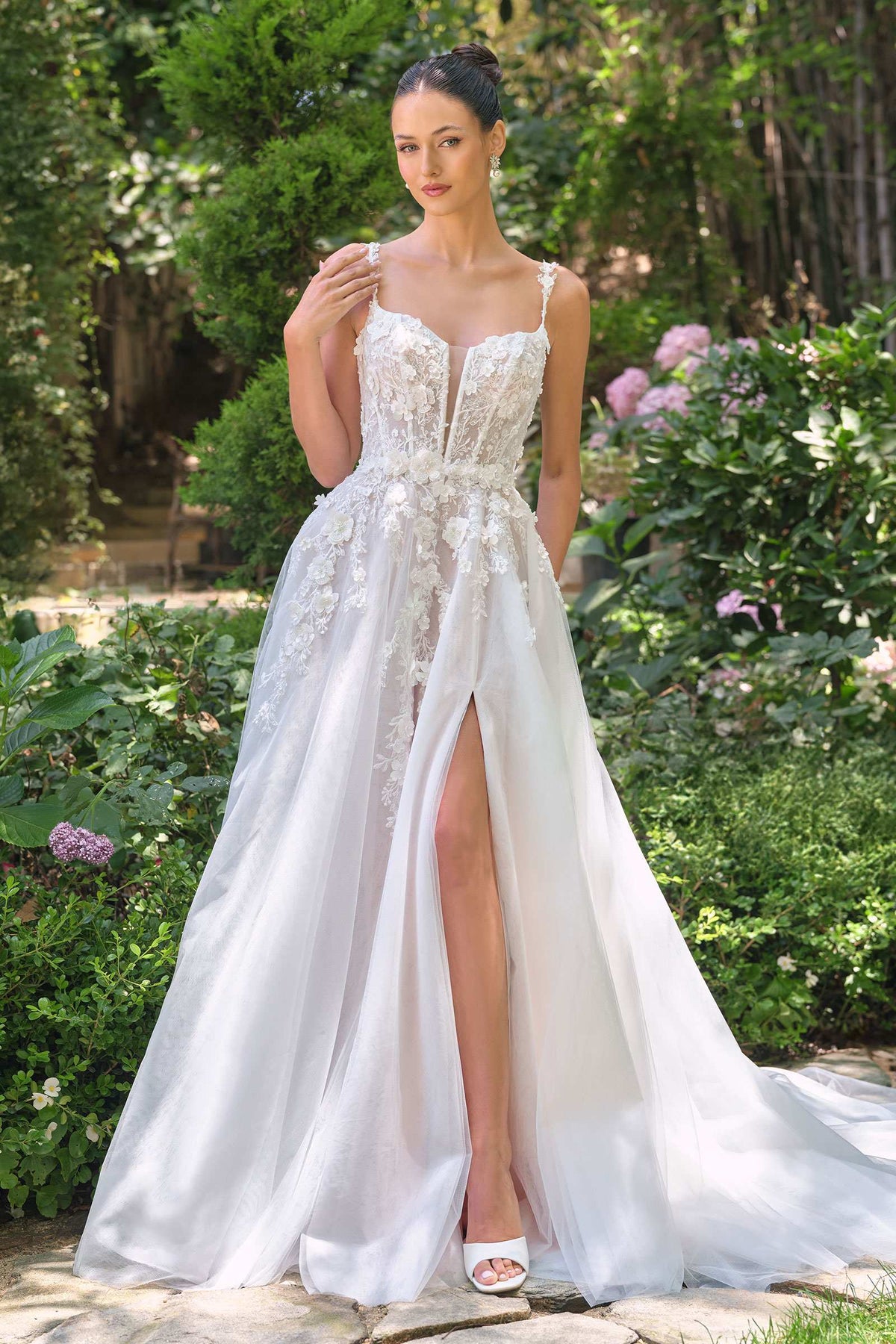 Andrea & Leo WL063 A-Line Wedding Gown Plunging Neckline Floral Straps - Fierce and Chic