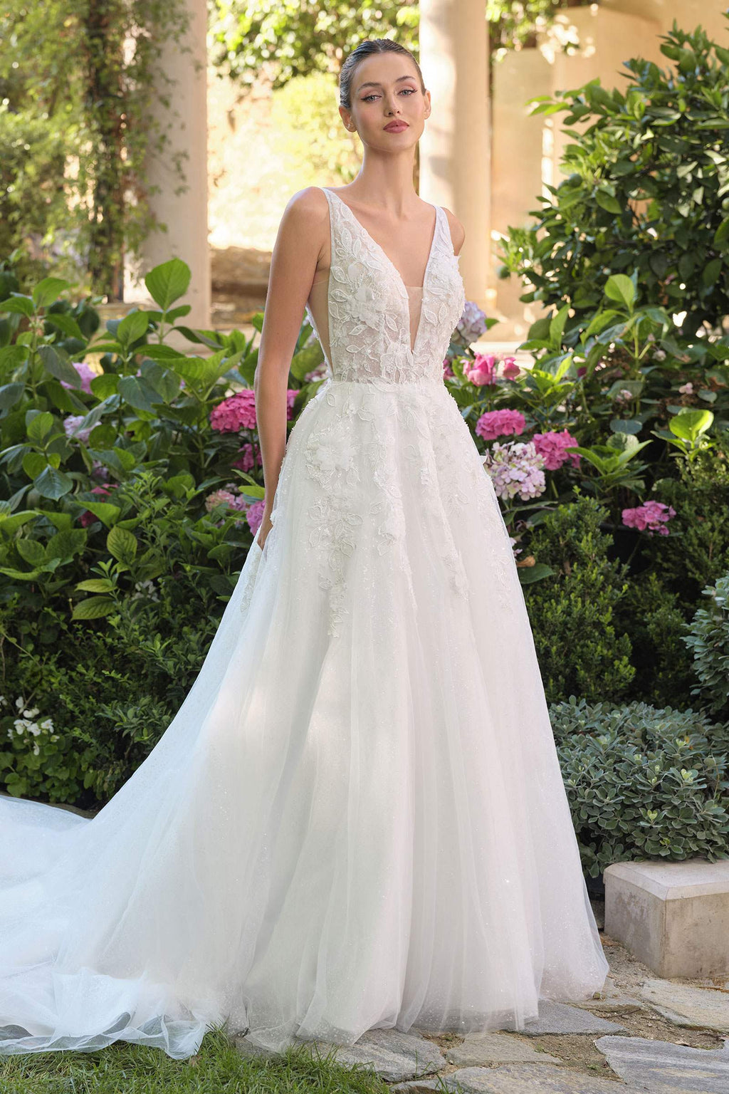 Andrea & Leo WL064 Deep V-Neckline A-Line Wedding Ball Gown - Fierce and Chic