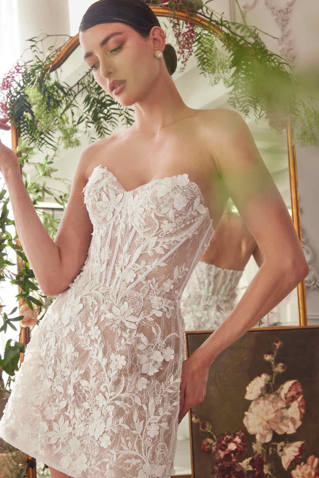 Andrea & Leo WL084 Strapless Short Lace Midi Wedding Dress - Fierce and Chic