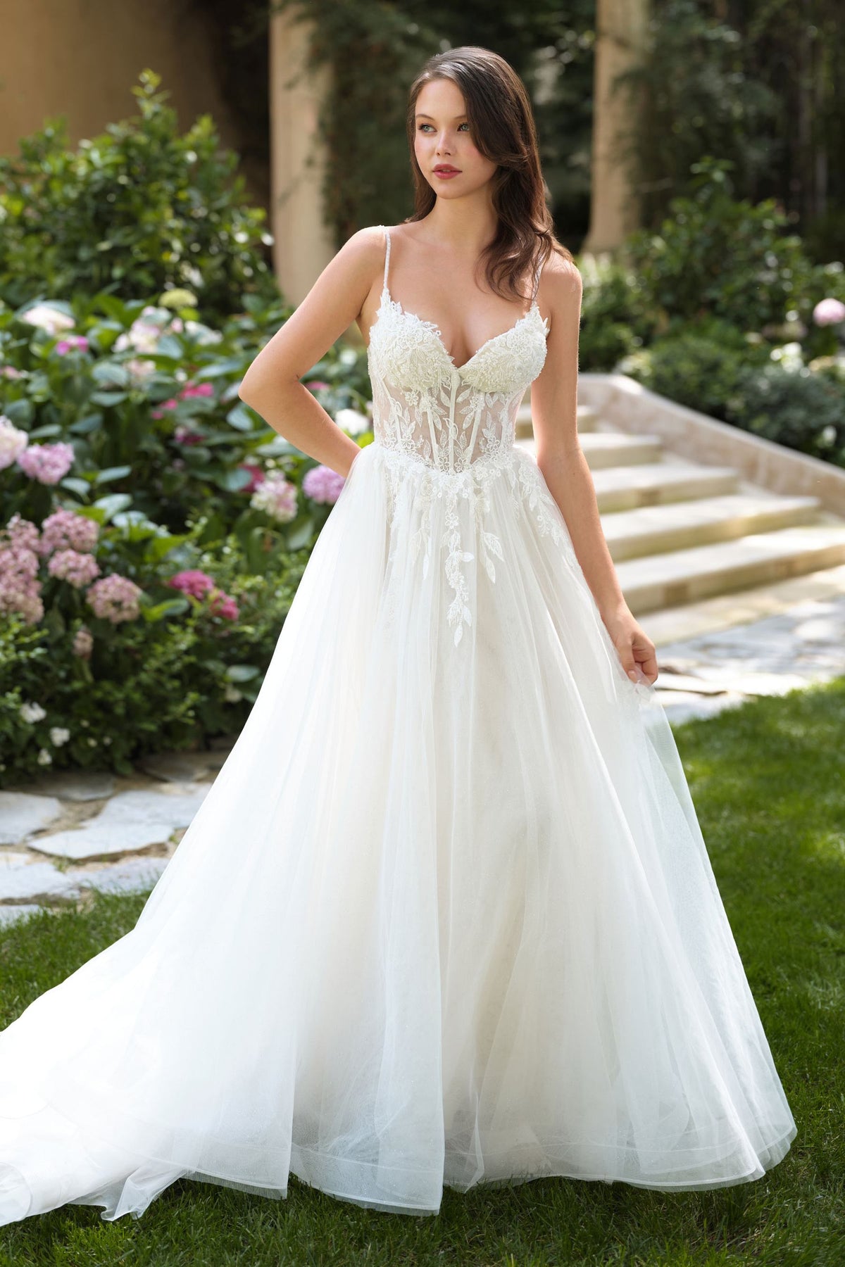 Andrea & Leo WL087 Lace Applique Spaghetti Strap A-Line Wedding Gown - Fierce and Chic