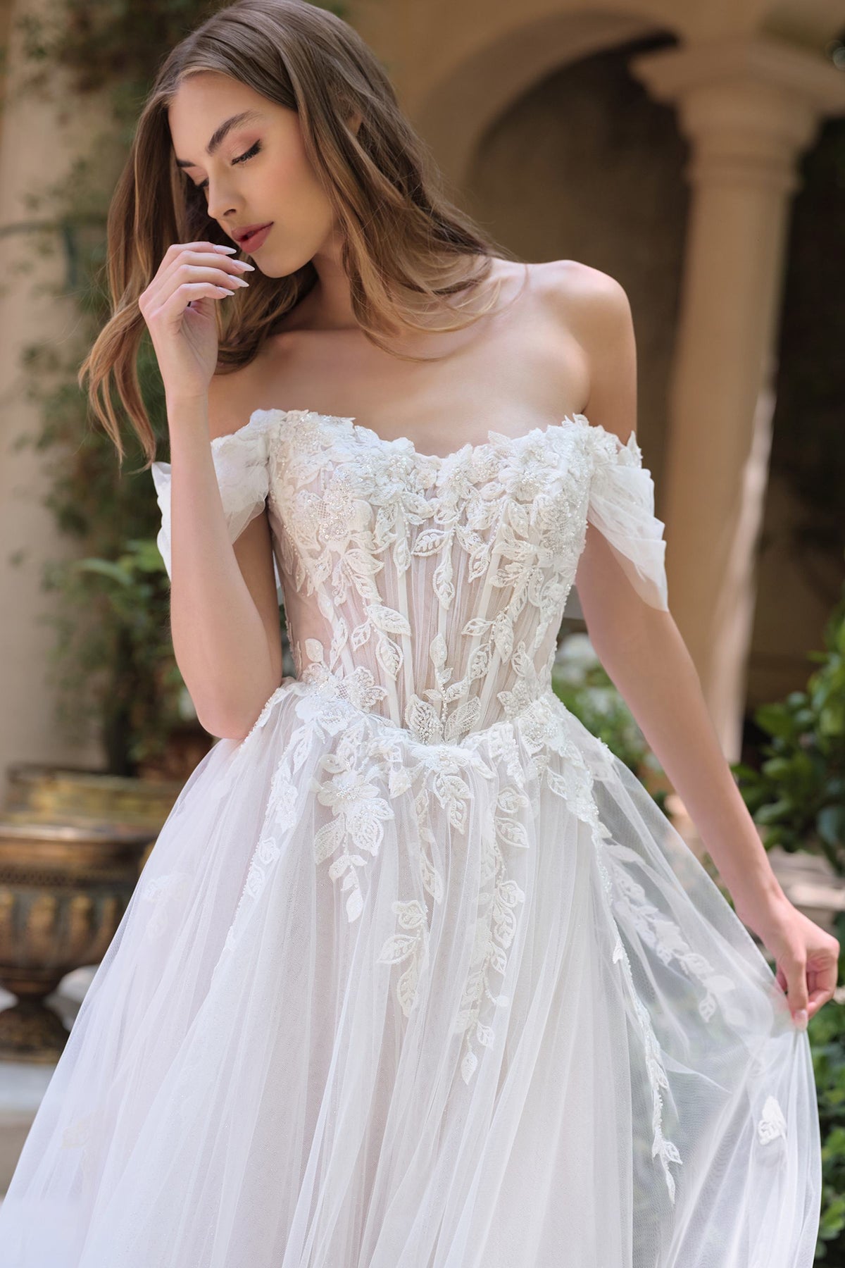 Andrea & Leo WL089 Off Shoulder Floral Lace Applique A-Line Wedding Gown - Fierce and Chic