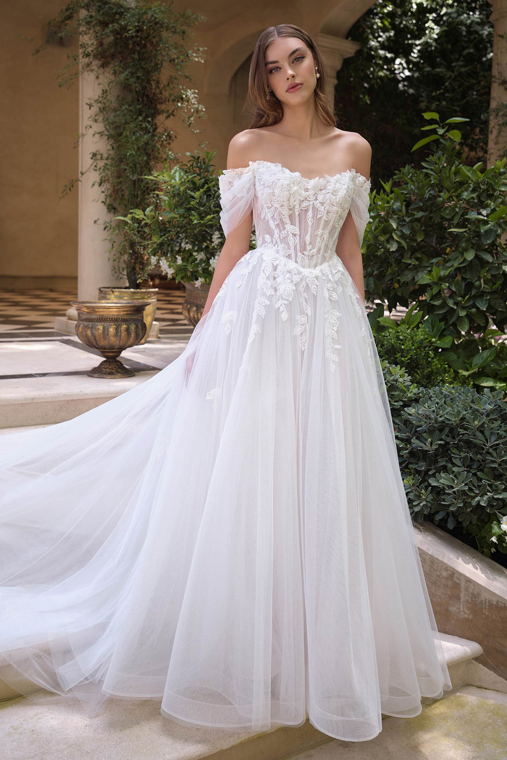 Andrea & Leo WL089 Off Shoulder Floral Lace Applique A-Line Wedding Gown - Fierce and Chic