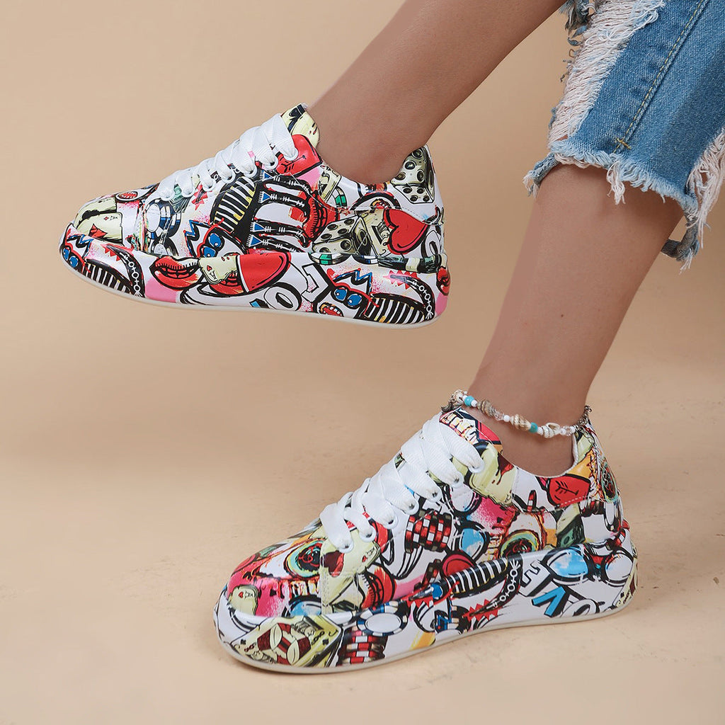 Round-Toe Thick-Sole Lace-Up Sneakers — Women’s Casual Print Shoes - Fierce and Chic