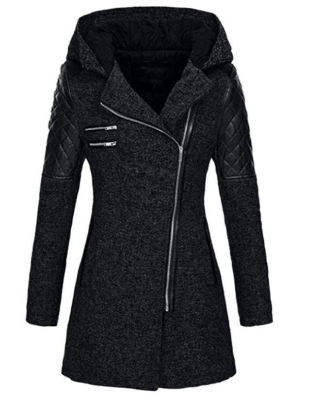 Women Warm Slim Full Zipper Coat Thick Woolen Coat Female Fall Winter Windbreaker Hooded Diagonal Zipper Women's Clothing
