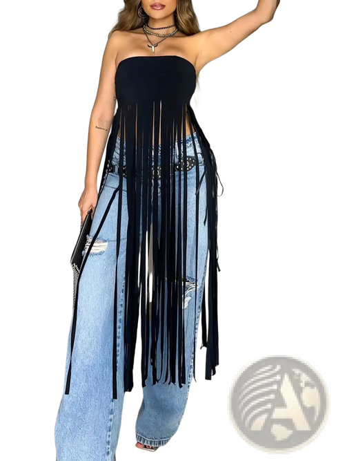 Black Fringe Strapless Bandeau Top - Fierce and Chic