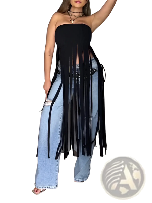 Black Fringe Strapless Bandeau Top - Fierce and Chic