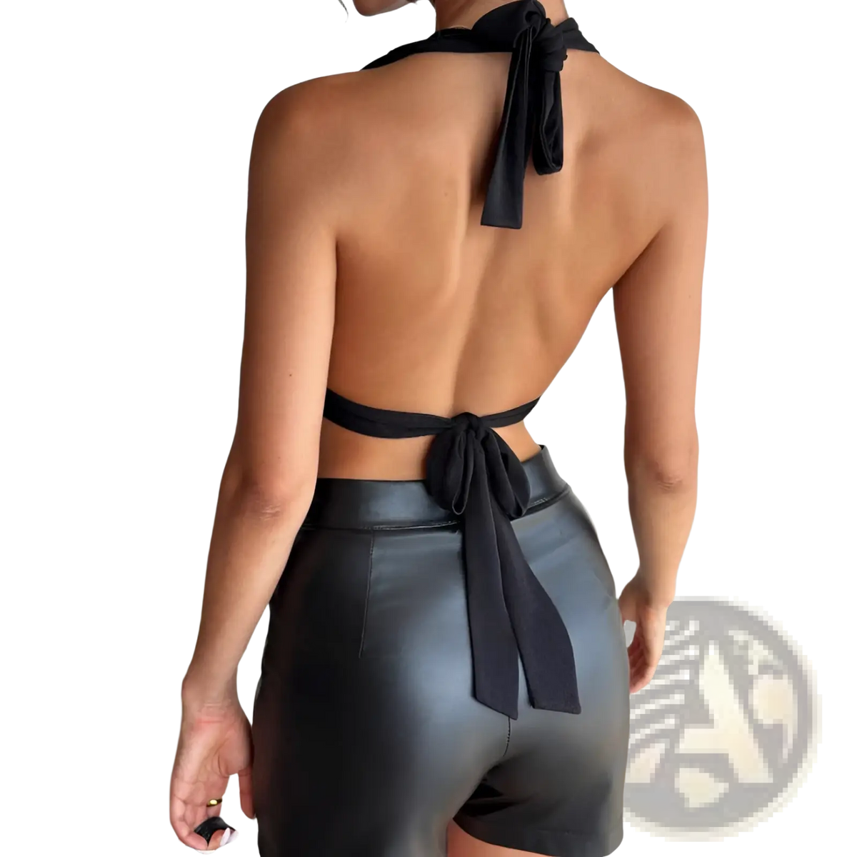 Black Satin Halter Romper with Faux Leather Shorts - Fierce and Chic
