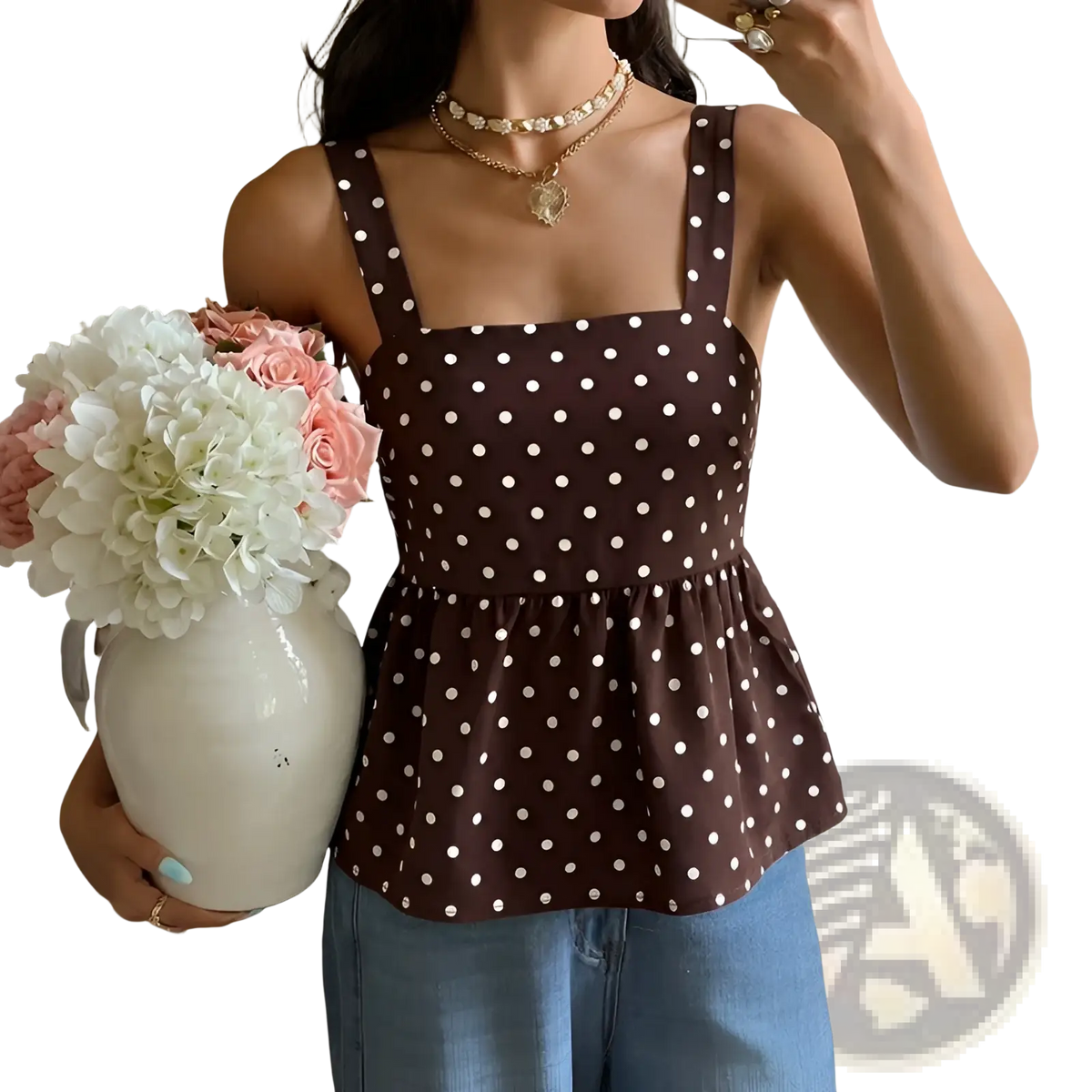 Brown Polka Dot Peplum Camisole - Fierce and Chic