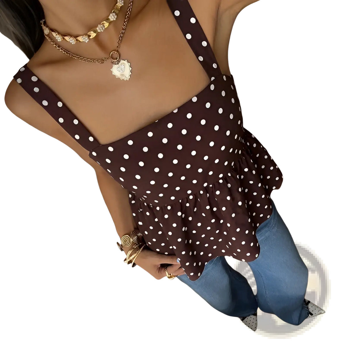 Brown Polka Dot Peplum Camisole - Fierce and Chic
