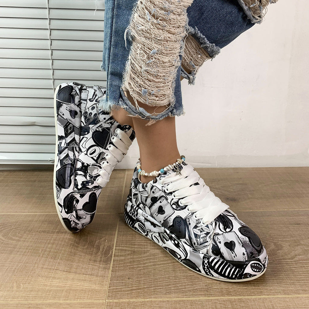 Round-Toe Thick-Sole Lace-Up Sneakers — Women’s Casual Print Shoes - Fierce and Chic