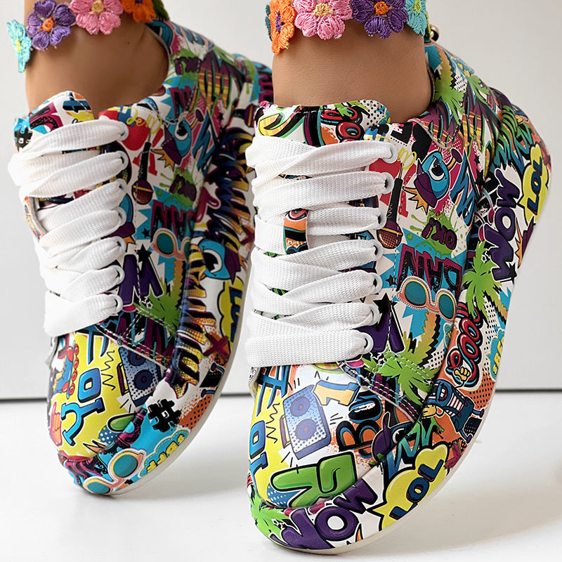 Round-Toe Thick-Sole Lace-Up Sneakers — Women’s Casual Print Shoes - Fierce and Chic