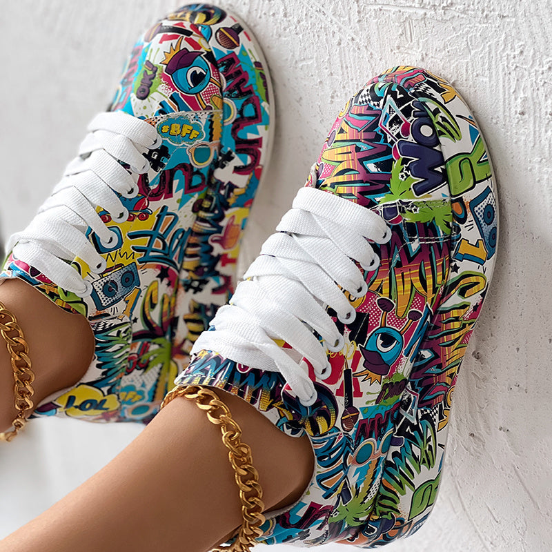 Round-Toe Thick-Sole Lace-Up Sneakers — Women’s Casual Print Shoes - Fierce and Chic