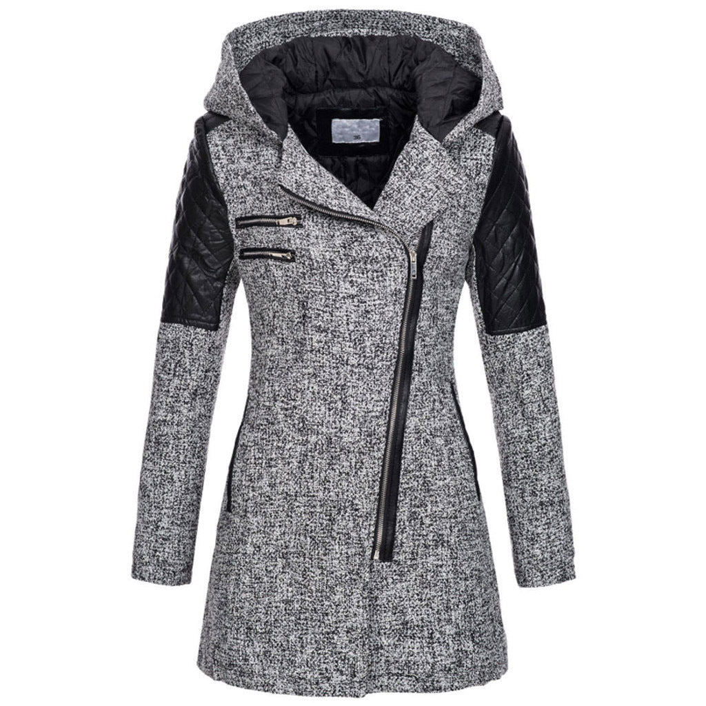 Women Warm Slim Full Zipper Coat Thick Woolen Coat Female Fall Winter Windbreaker Hooded Diagonal Zipper Women's Clothing