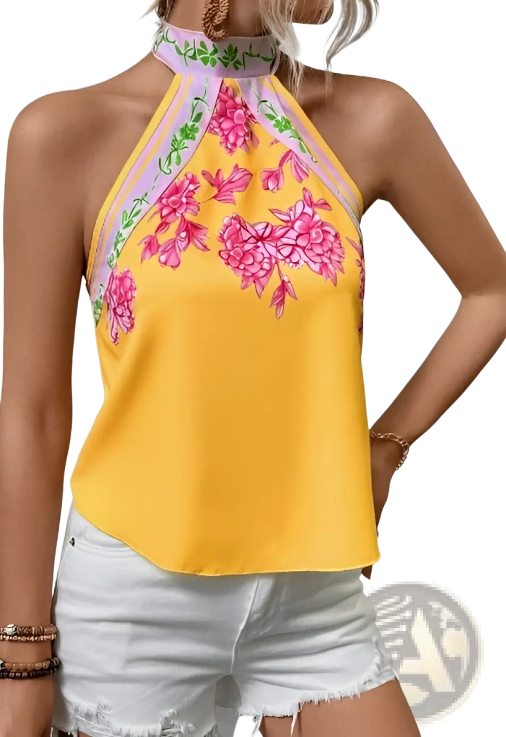 Floral Halter Tank Top Vibrant Yellow Sleeveless Shirt - Fierce and Chic
