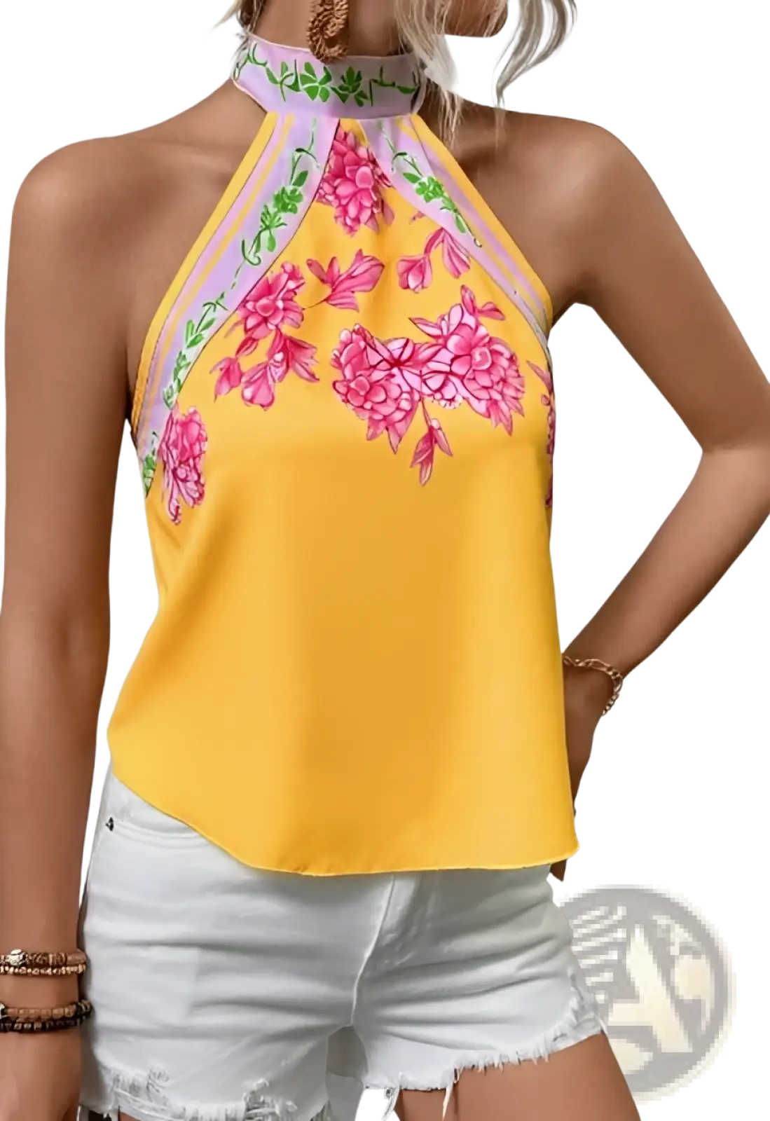 Floral Halter Tank Top Vibrant Yellow Sleeveless Shirt - Fierce and Chic