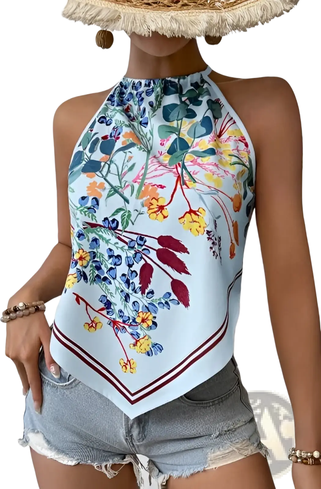 Floral Halter Tank Top Vibrant Yellow Sleeveless Shirt - Fierce and Chic