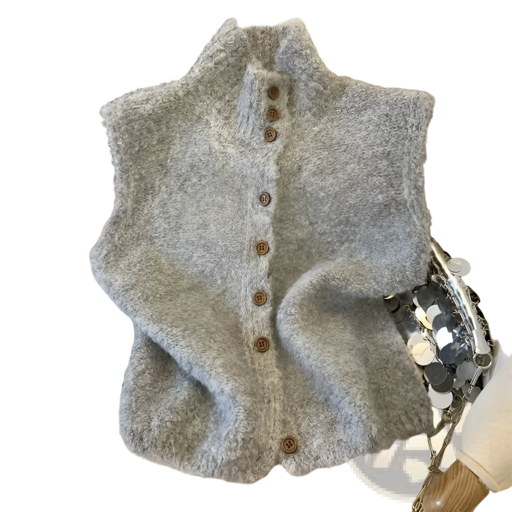 Knit Vest High Neck Buttoned Cream - Fierce and Chic