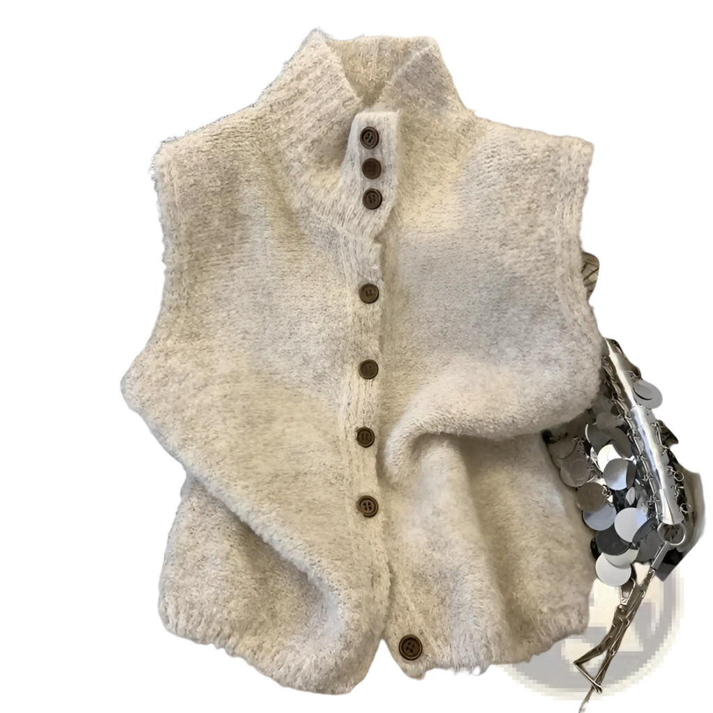 Knit Vest High Neck Buttoned Cream - Fierce and Chic