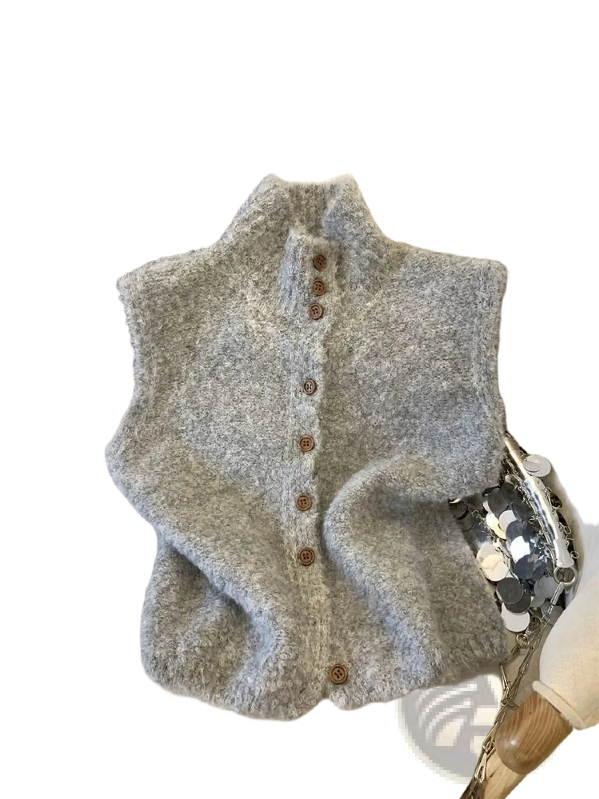 Knit Vest High Neck Buttoned Cream - Fierce and Chic
