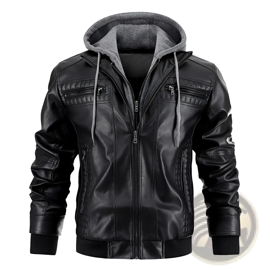 Men's Hooded Pu Leather Jacket with Fleece Lining