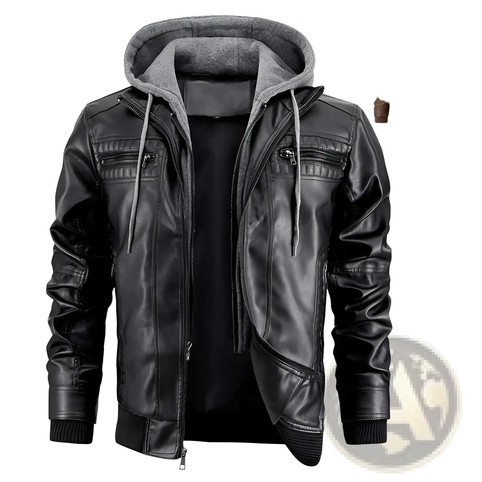 Men's Hooded Pu Leather Jacket with Fleece Lining
