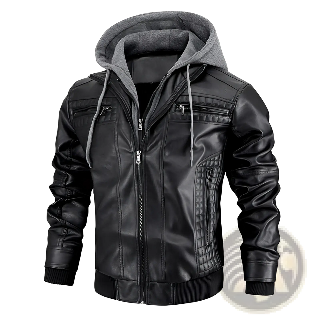Men's Hooded Pu Leather Jacket with Fleece Lining