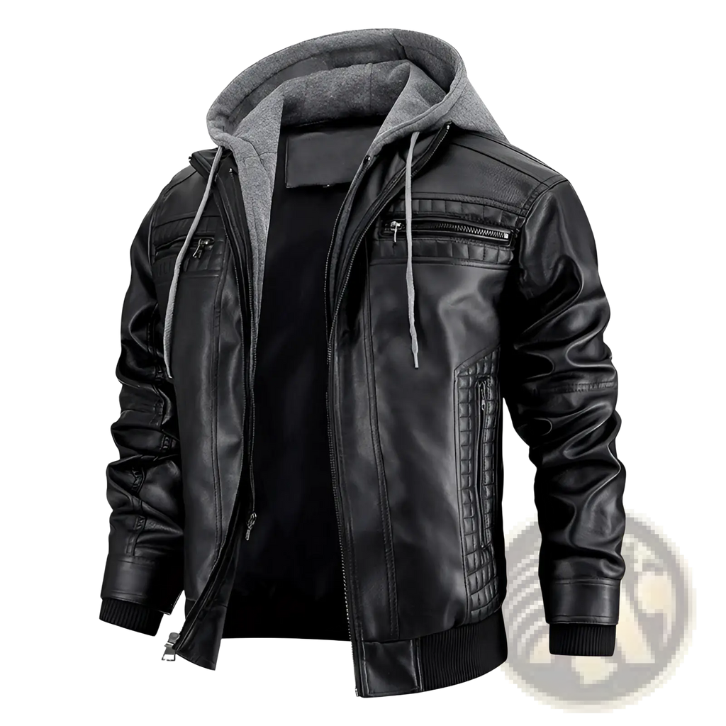 Men's Hooded Pu Leather Jacket with Fleece Lining