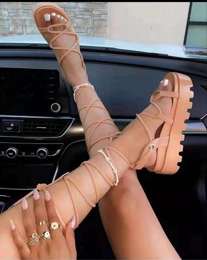 Woman Platform Sandal Ankle Wrap Fashion Lace Up Shoe Women's Casual Strappy Sandal Modern Lace Up Shoe Women Non Slip Women's Footwear White Walking Sandal - Fierce and Chic
