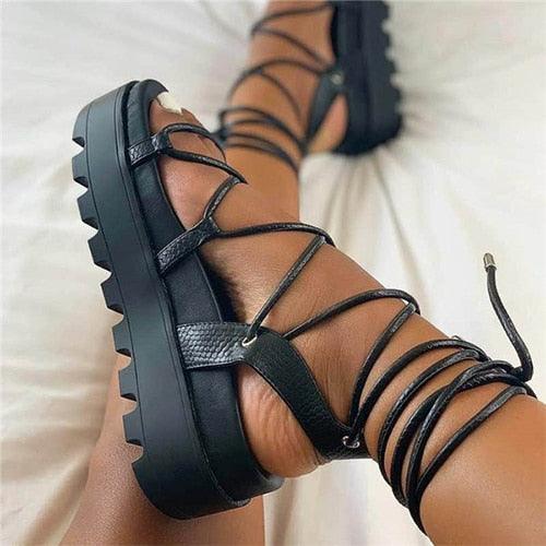 Woman Platform Sandal Ankle Wrap Fashion Lace Up Shoe Women's Casual Strappy Sandal Modern Lace Up Shoe Women Non Slip Women's Footwear White Walking Sandal - Fierce and Chic