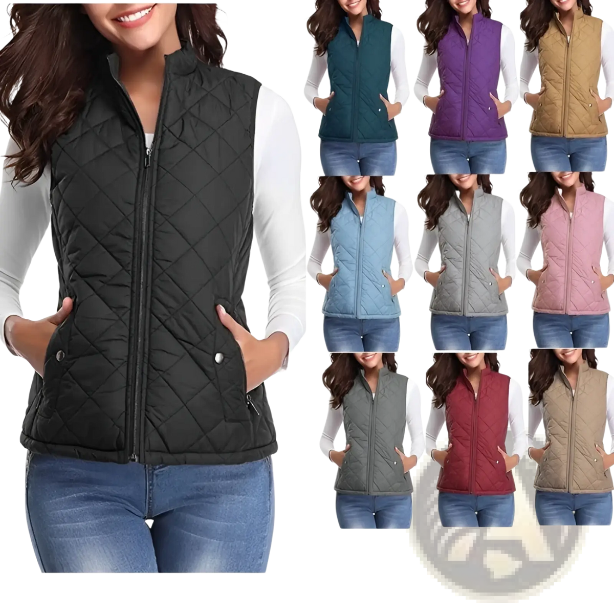 Women Cotton Quilted Vest Stand Collar Pocket - Fierce and Chic
